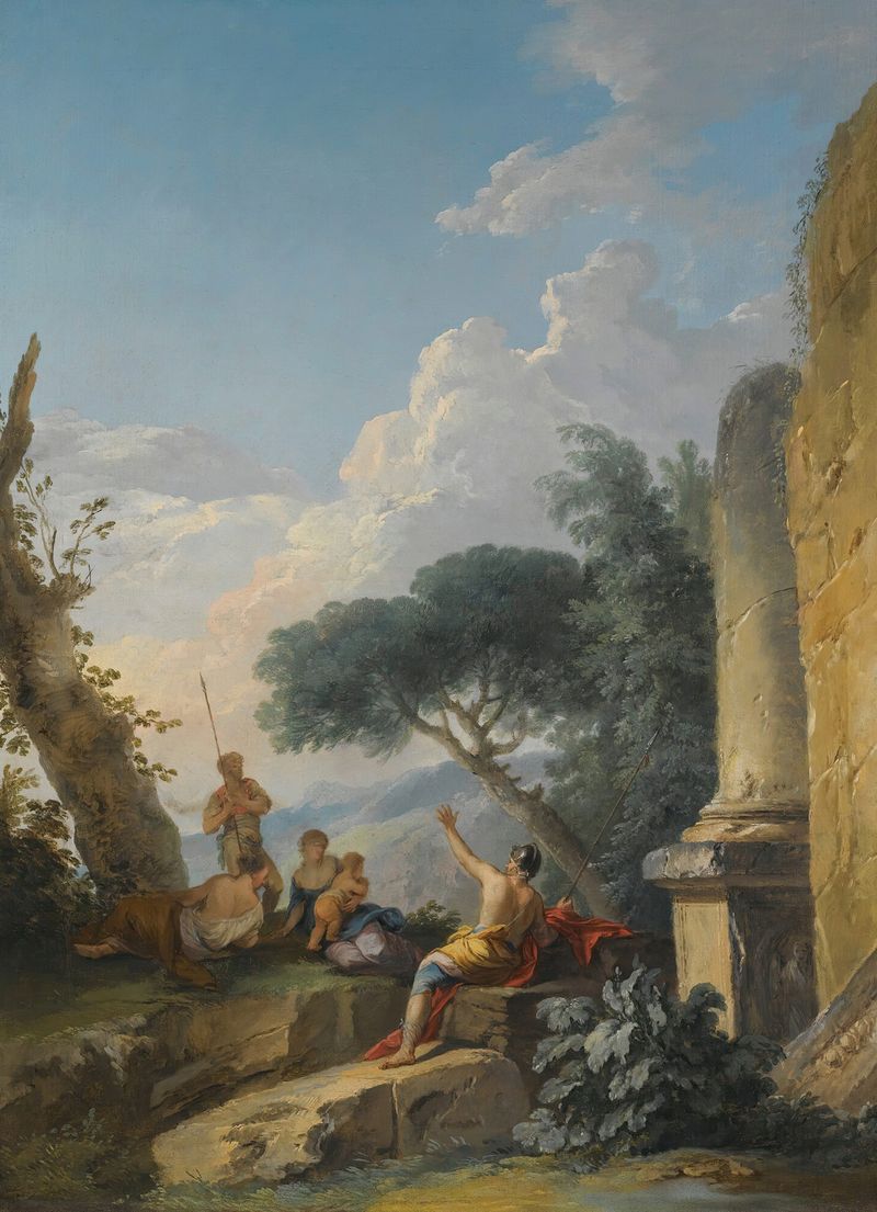A landscape with figures resting beside classical ruins, oil painting by Andrea Locatelli