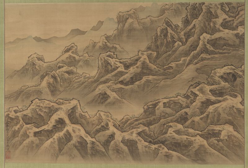 Paisaje de montañas y un barranco, tinta sobre papel de Suzuki Fuyō