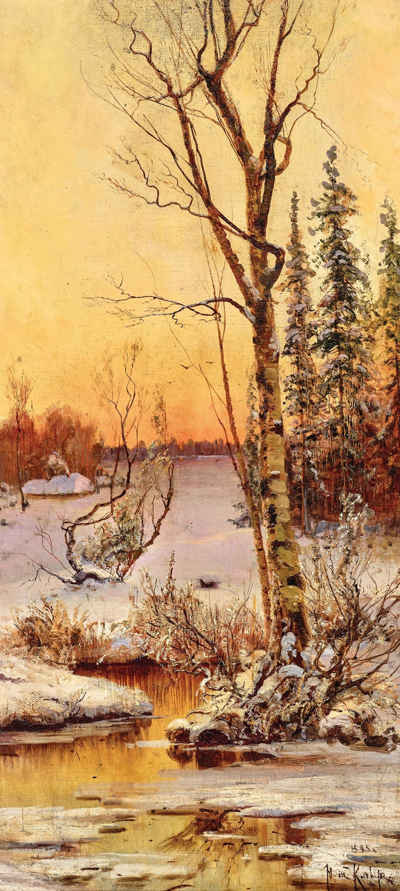 Paisagem de inverno ao pôr do sol, óleo sobre tela de Julius Sergius Klever