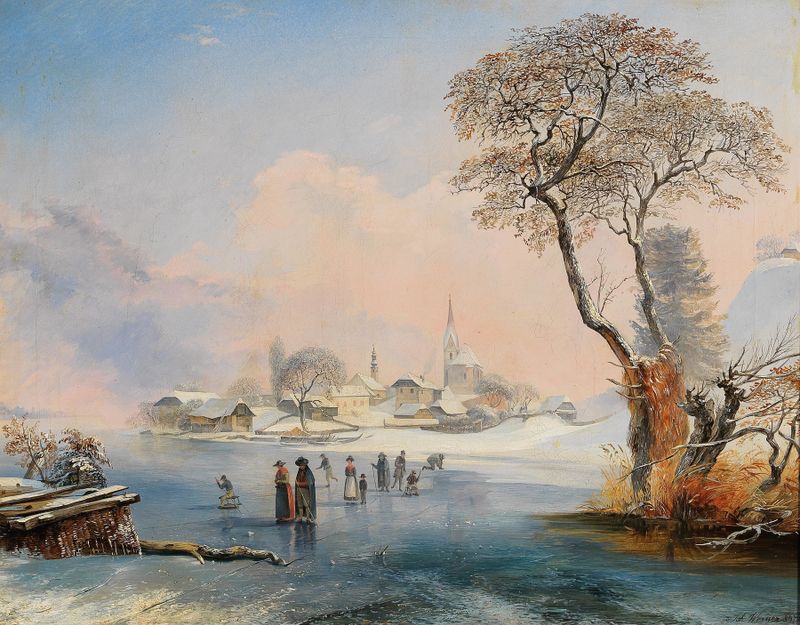 Pintura al óleo de Johann Werner que muestra patinaje sobre hielo en el Lago Wörthersee