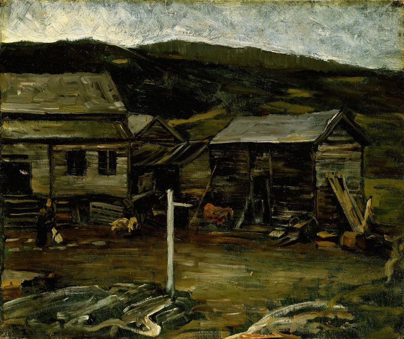 Autumn landscape oil painting by Gerhard Munthe featuring a farmhouse and warm colors