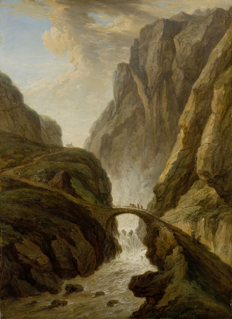 Paisaje con un puente sobre un río, pintura al óleo de Christian Georg Schütz the elder