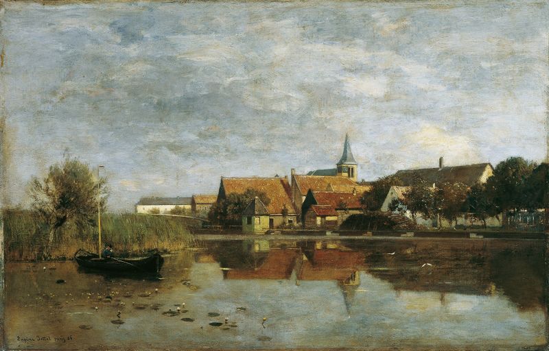 Paisagem de Giessen com árvores e luz do sol por Eugen Jettel, pintura a óleo