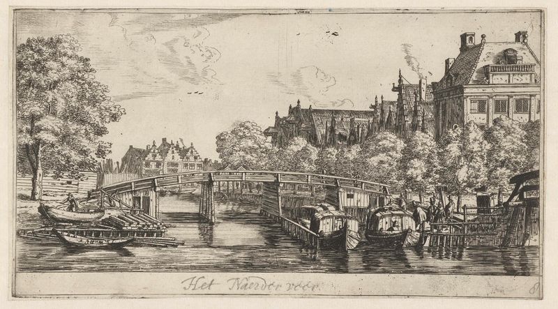 Etching by Reinier Nooms depicting a river with boats and a village