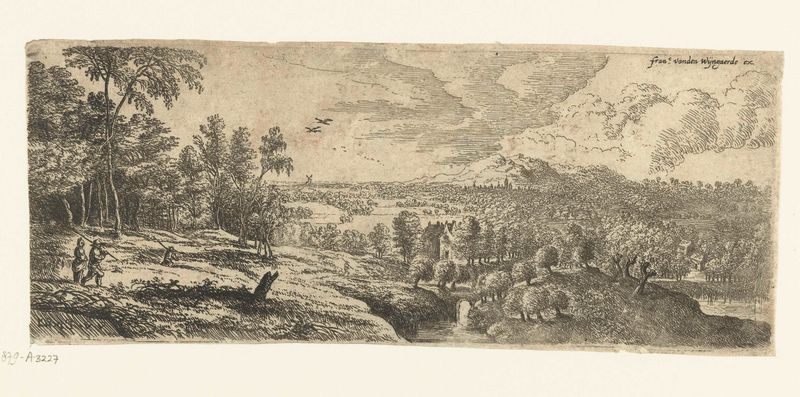 Landschap met mannen die stokken dragen, etching by Lucas van Uden, depicting men in a green landscape.