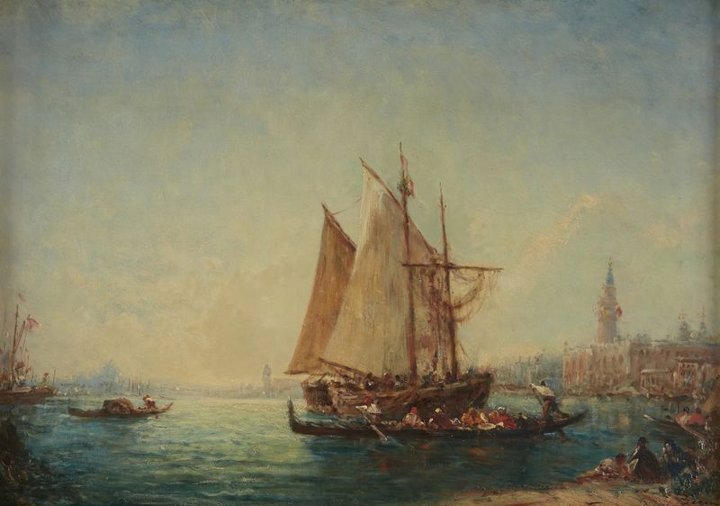 Góndolas en el agua con un cielo pastel, óleo sobre lienzo de Félix Ziem