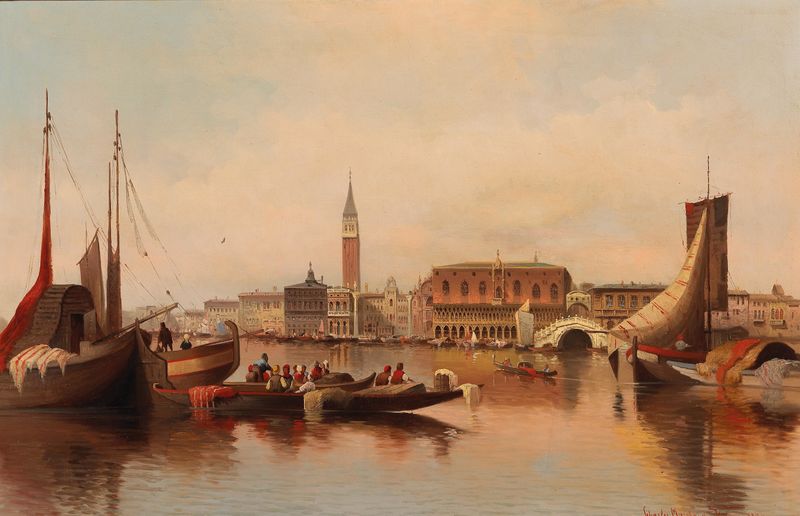 Paisagem veneziana com a Praça de São Marcos, óleo sobre tela de Karl Kaufmann