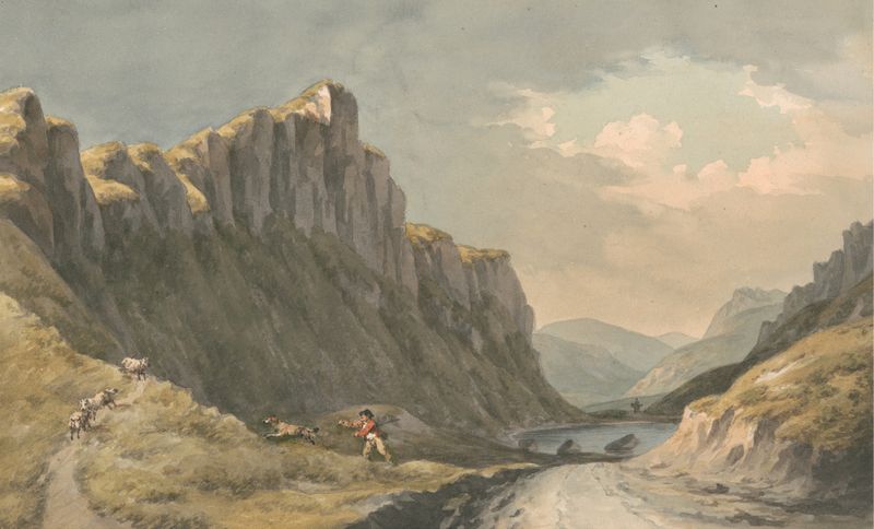Watercolor on paper by John Warwick Smith depicting hills and a swirling sky.