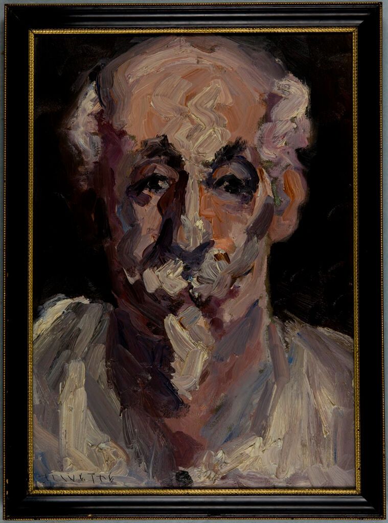 Autorretrato de Merton Clivette, óleo sobre lienzo, con ojos intensos y colores apagados.