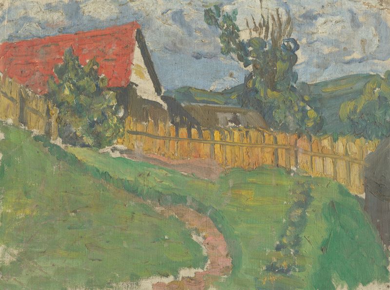 Study of a Landscape with a House by Frida Konstantin, oil painting depicting a house among rolling hills.