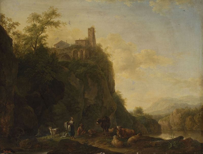 Paisagem de montanha com gado, óleo sobre tela de Joseph Roos