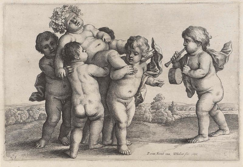 Cinco meninos carregando um jovem coroado com videiras, gravura de Wenceslaus Hollar
