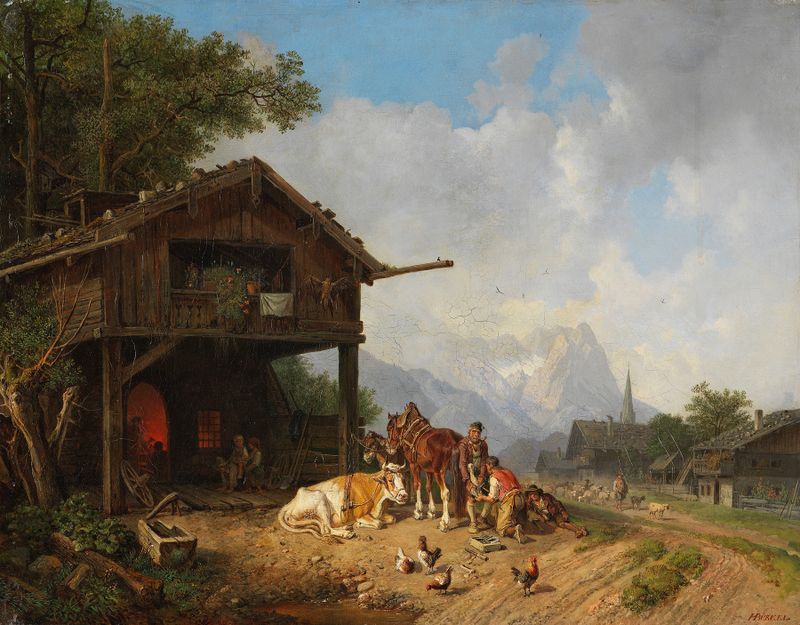 Genre scene of a blacksmith at work, oil on canvas by Heinrich Bürkel