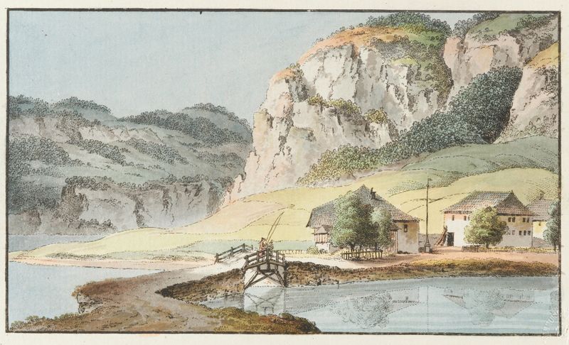 Aquarela de Johann Ludwig Aberli mostrando um lago tranquilo com montanhas e reflexos.