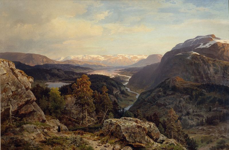 Evening in the Norwegian Mountains de Morten Müller, óleo que representa un paisaje al atardecer.