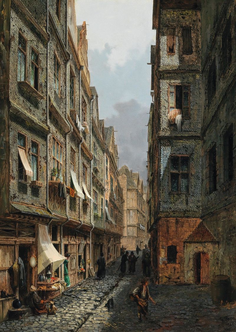 The Judengasse in Frankfurt am Main de Gereon Pape, óleo sobre lienzo que representa arquitectura histórica.