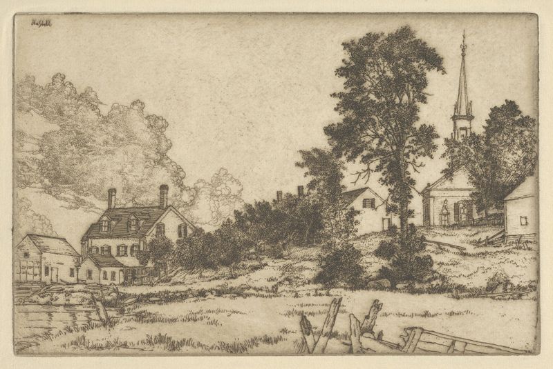 Kennebec Homestead de Ernest Haskell, óleo sobre lienzo que representa un paisaje sereno con una casa de campo.