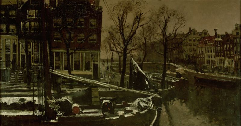 Invierno en Ámsterdam de George Hendrik Breitner, óleo de una ciudad nevada con figuras.