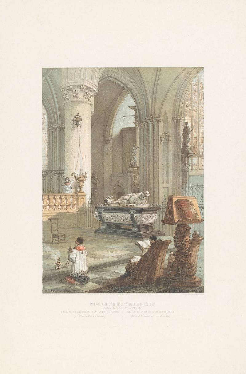 Interior de la iglesia de St Gudule en Bruselas de François Stroobant, representando vitrales y luz.