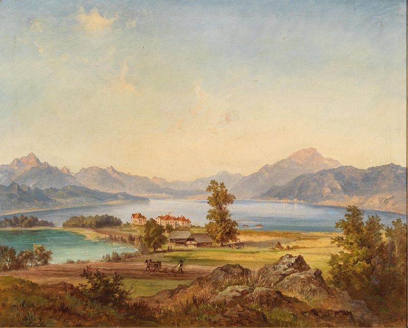 Oil painting by Jakob Canciani depicting a serene lake and mountains.