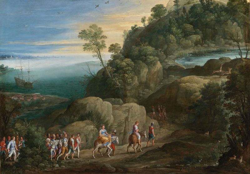 An Extensive Landscape With Scenes From The Historiae Aethiopica, oil on canvas by Paul Bril