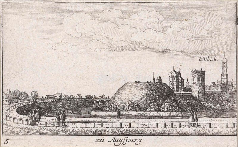 Gezicht te Augsburg, grabado de Wenceslaus Hollar, que representa un río y un paisaje urbano al anochecer.