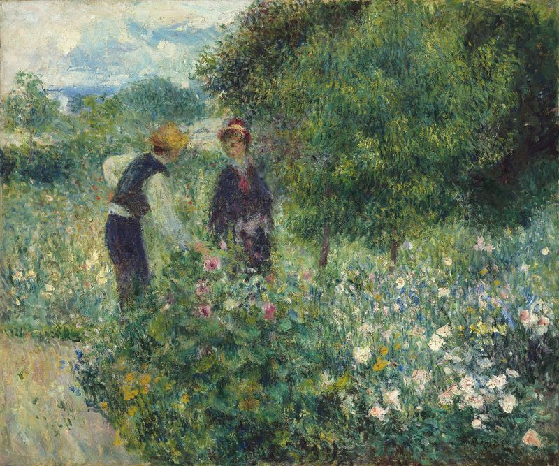 Picking Flowers de Pierre-Auguste Renoir, pintura a óleo que retrata flores coloridas em um jardim