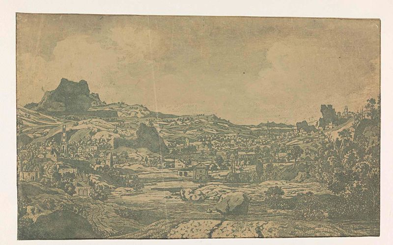 Vale com um Rio e uma Cidade com Quatro Torres, gravura de Hercules Segers