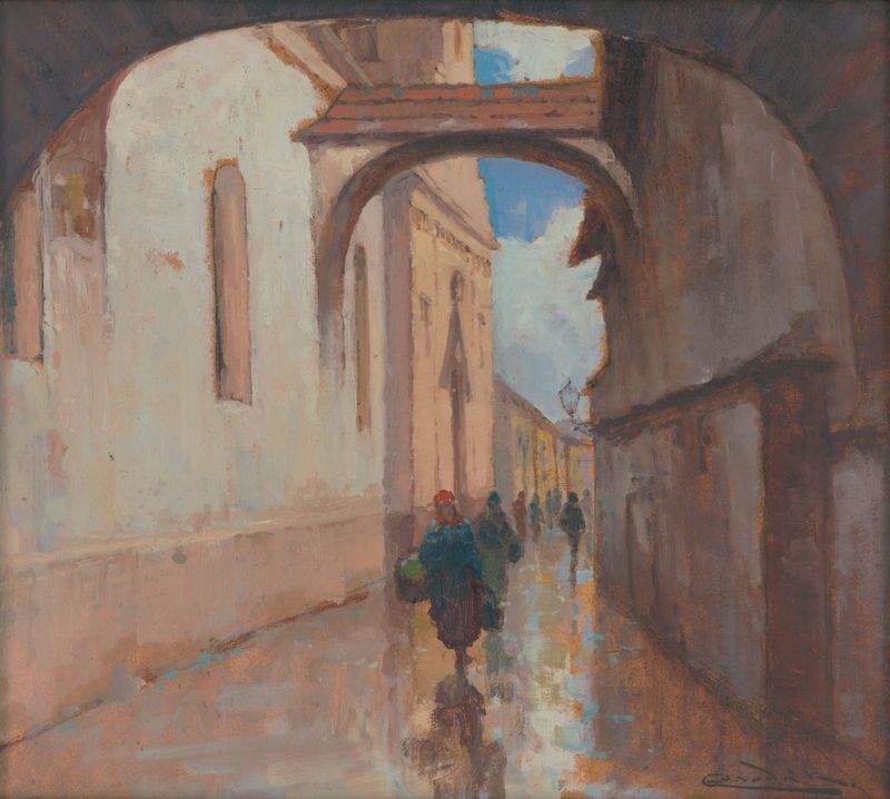 Hrčiarska street en Košice de Ľudovít Čordák, óleo sobre lienzo que muestra luz y árboles.