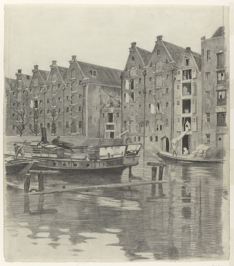 Pakhuizen aan een gracht de Willem Witsen, óleo de um armazém ao lado de um canal ao pôr do sol
