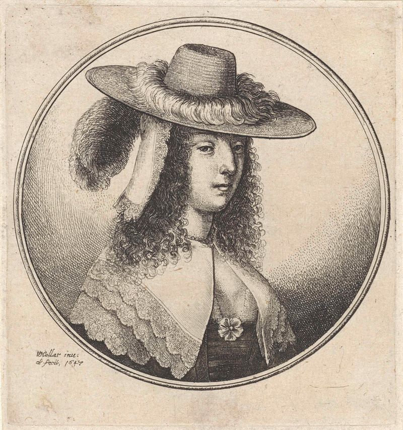 Retrato de uma mulher com um colar de renda e um chapéu de penas, gravura de Wenceslaus Hollar