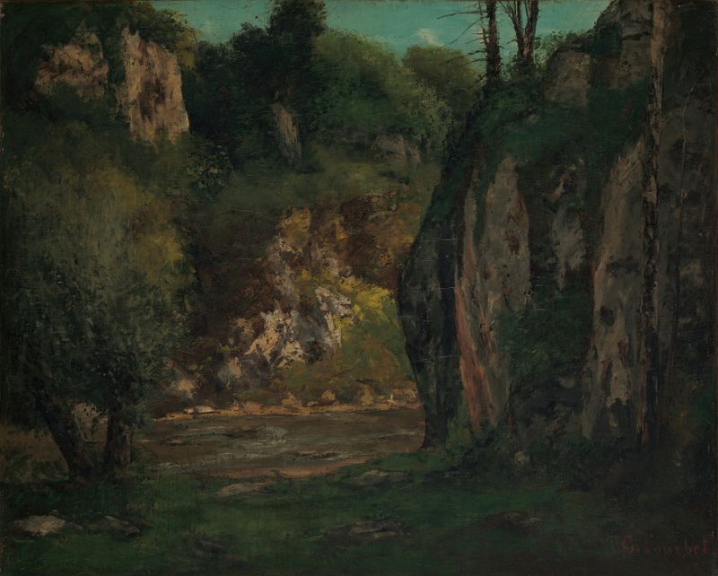 O Riacho Escondido de Gustave Courbet, pintura a óleo que retrata uma cena tranquila de floresta e rio.