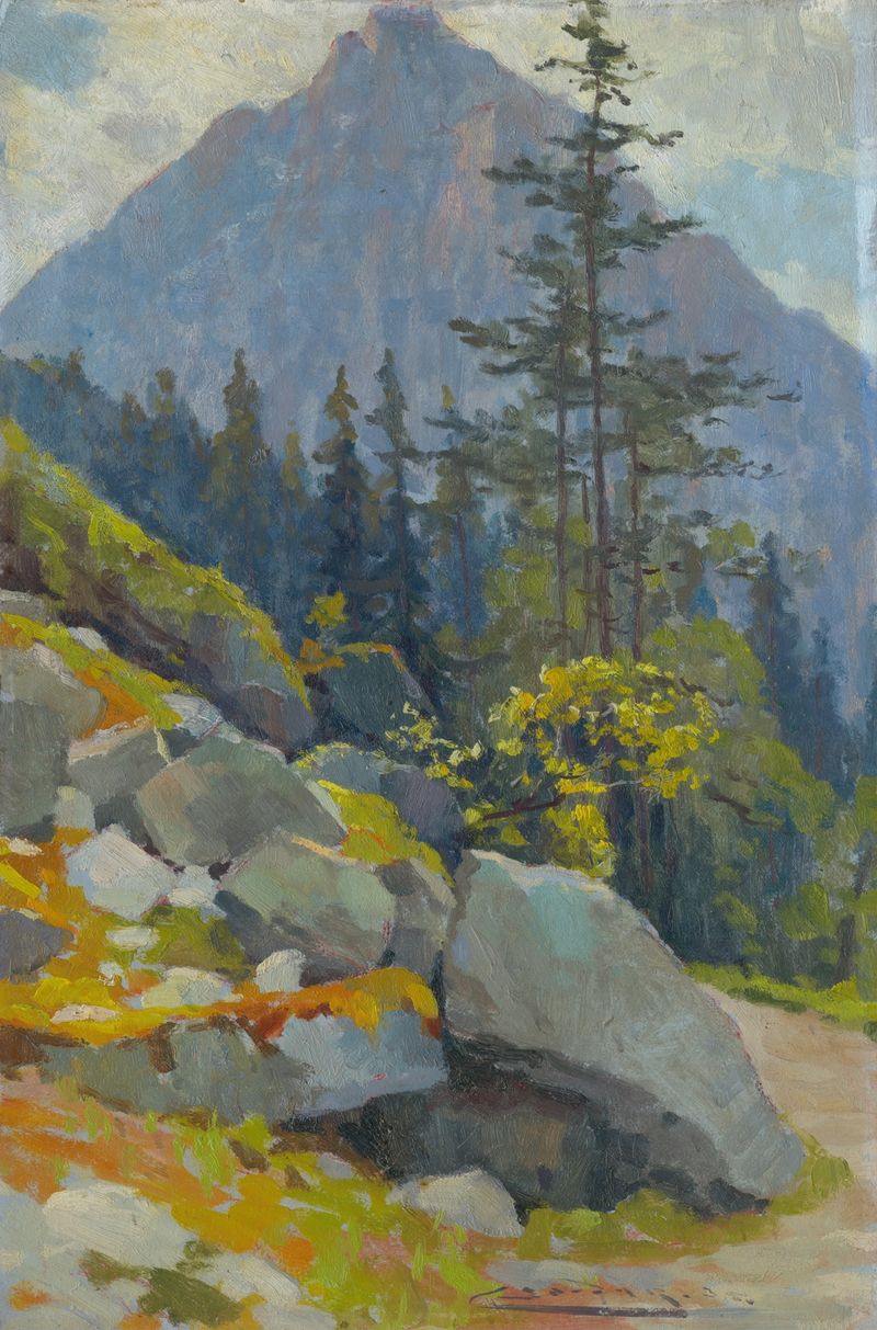 Tatra Motif de Ľudovít Čordák, óleo sobre lienzo que representa un paisaje vibrante con colores expresivos.