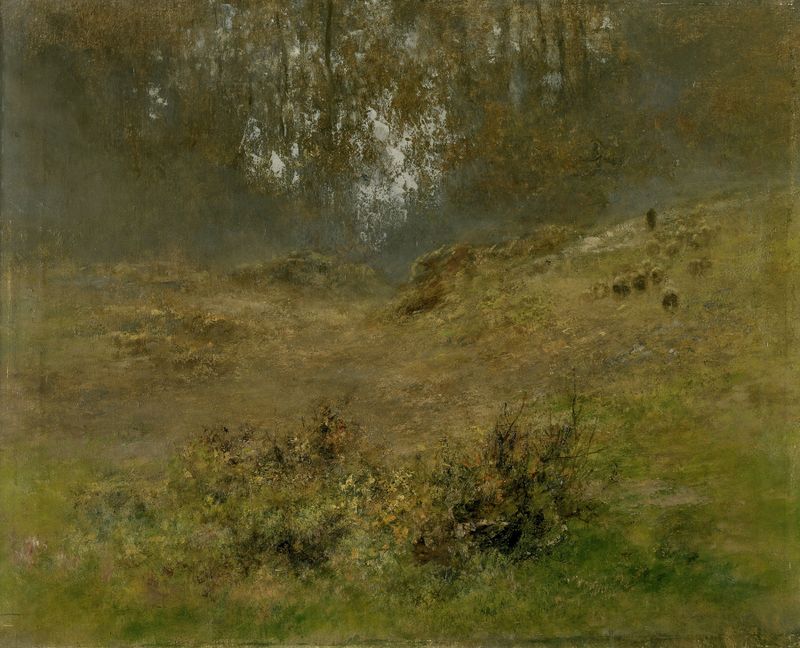 Landscape with Sheep, óleo sobre lienzo de Xavier de Cock, mostrando ovejas pastando en un paisaje tranquilo.