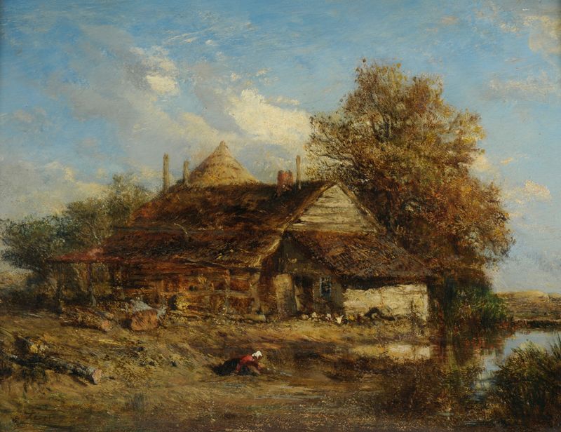 La Chaumière by Félix Ziem, oil painting of a cottage surrounded by greenery at twilight