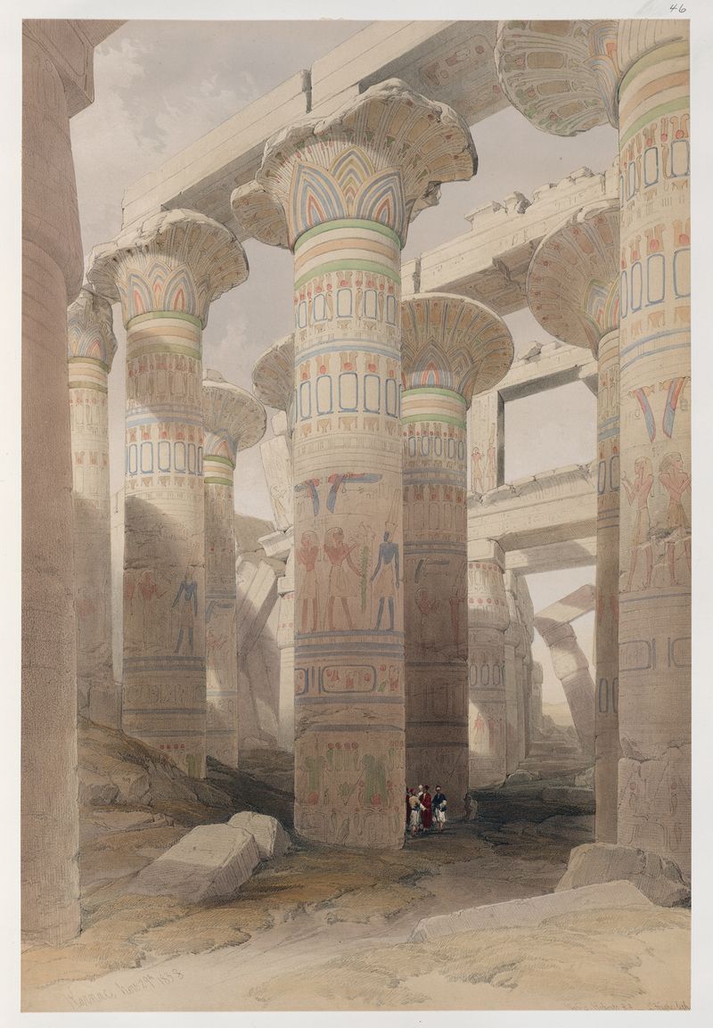 Karnac de David Roberts, óleo sobre lienzo, que representa ruinas antiguas bajo un cielo azul.