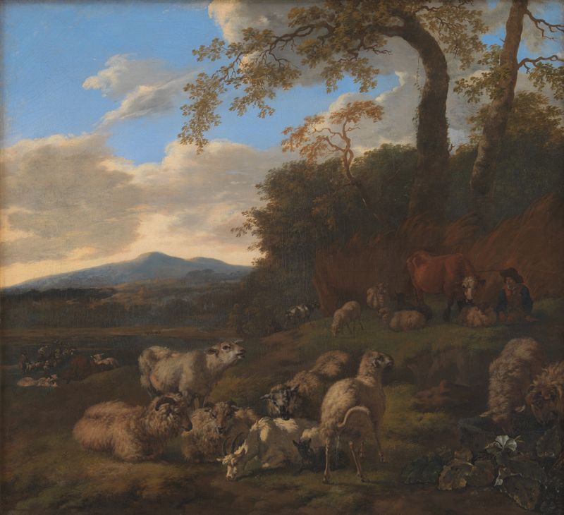 El Rebaño de Ovejas de Jacob van der Does, óleo que muestra ovejas en un paisaje pastoral.