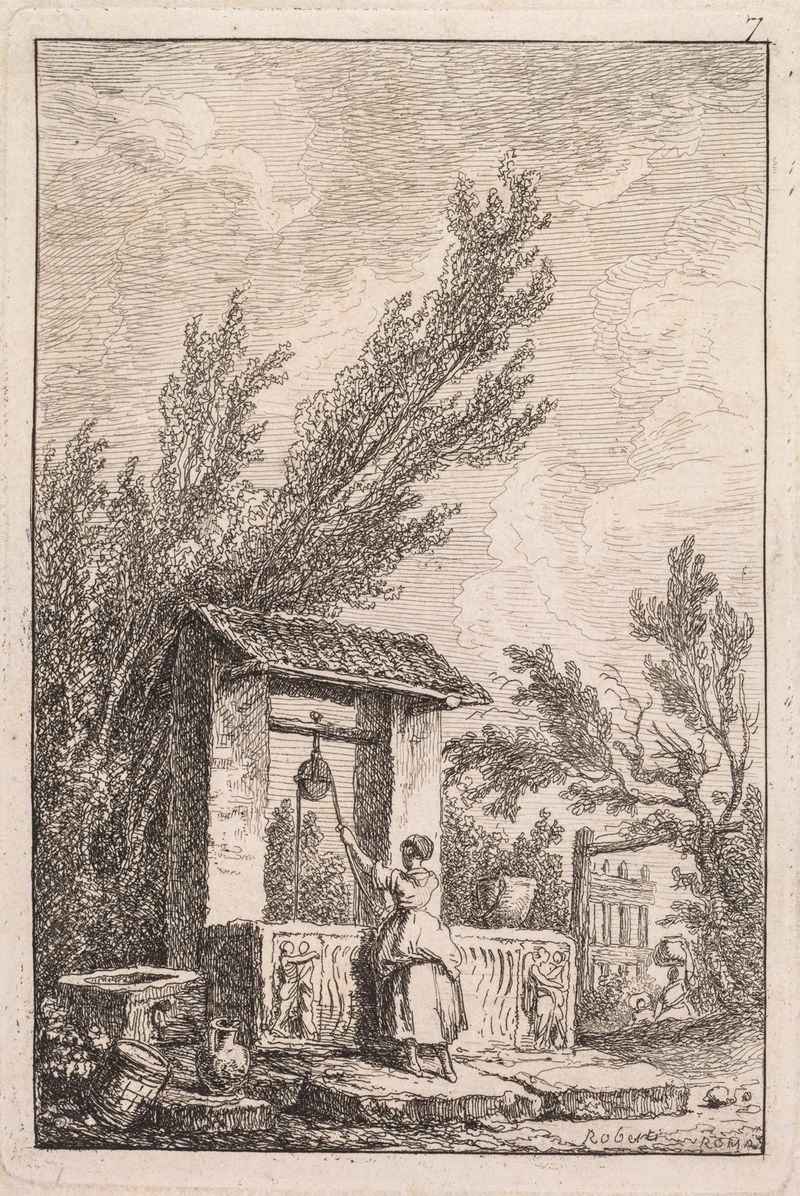 Le Puits de Hubert Robert, óleo sobre tela retratando um poço com folhagem e luz.