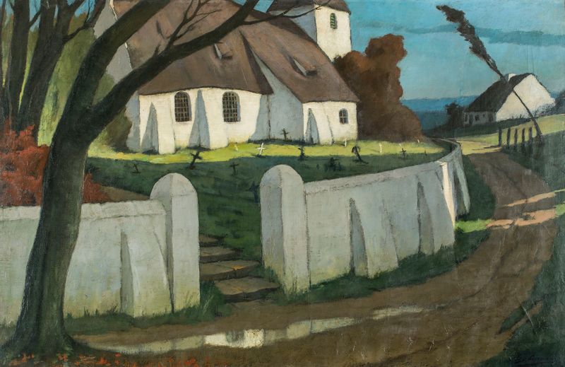 Village Church de Eugène Laermans, óleo sobre lienzo, con vitrales y fachada de piedra.