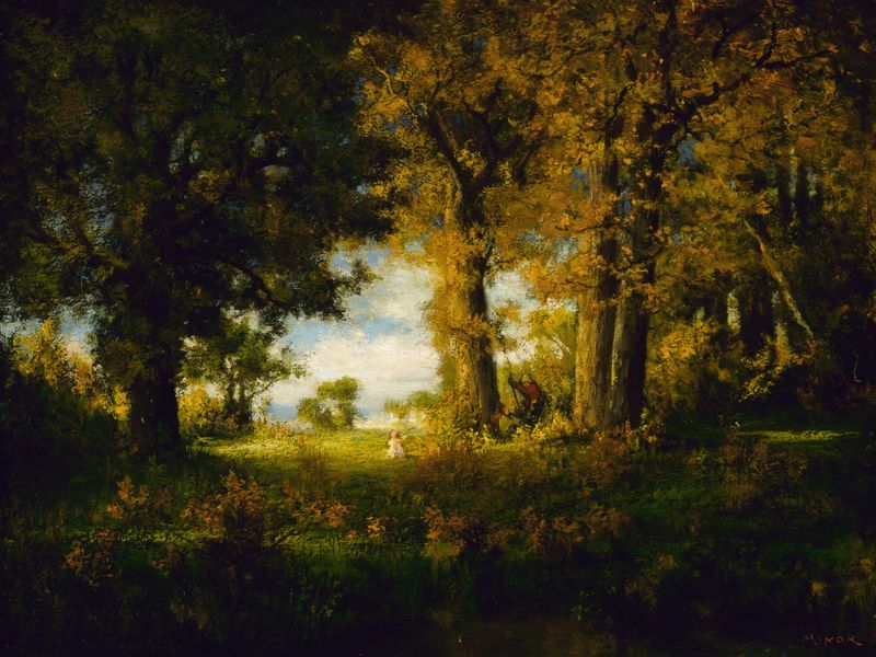 October by Robert Crannell Minor, oil on canvas, depicting a tranquil autumn landscape.