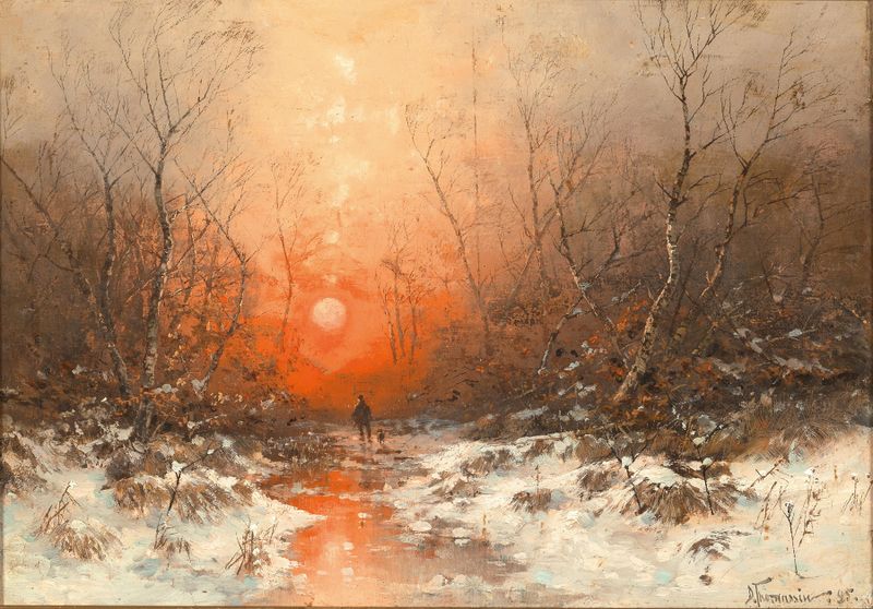A forest path at sunset with a hunter silhouette, oil painting by Désiré Thomassin