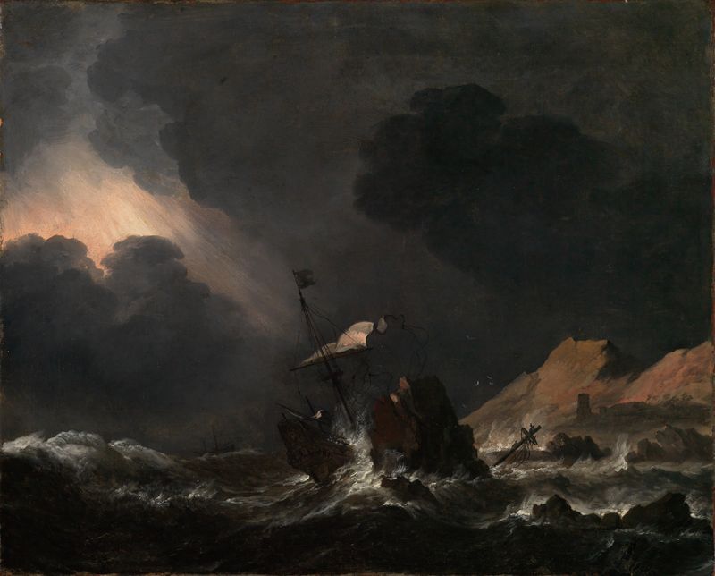 Seesturm mit strandendem Schiff de Jan Theunisz. Blanckerhoff, óleo sobre tela que retrata um mar tempestuoso.