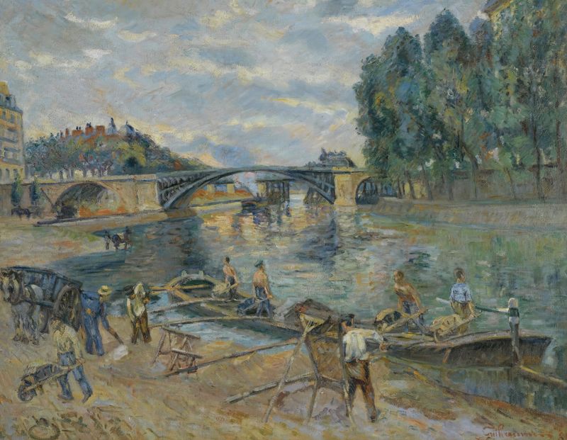 Le Pont De Sully, París de Armand Guillaumin, óleo sobre lienzo que representa un paisaje vibrante con un río y nubes.