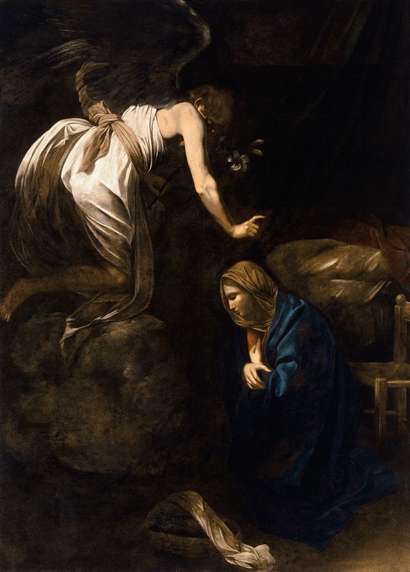 The Annunciation by Caravaggio, oil on canvas, featuring an angel illuminated by radiant light