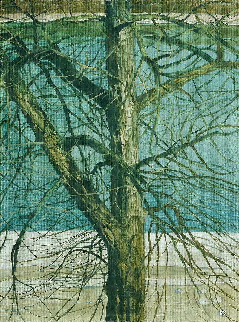 Oil on canvas by Klemens Brosch depicting a serene landscape with trees and a river.