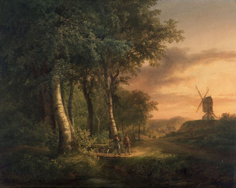Edge of a Wood with Hunters and a Windmill, óleo sobre lienzo de Willem Pouwelsen