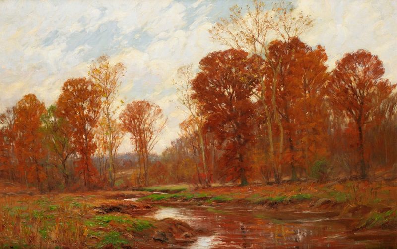 Paisagem de Outono de William Merritt Post, óleo sobre tela retratando árvores e um horizonte sereno.