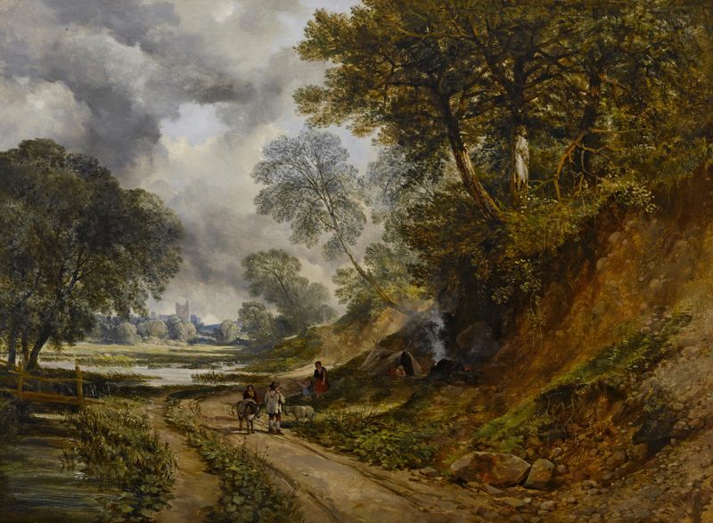 Gitanos acampando junto a un camino, óleo sobre lienzo de William West