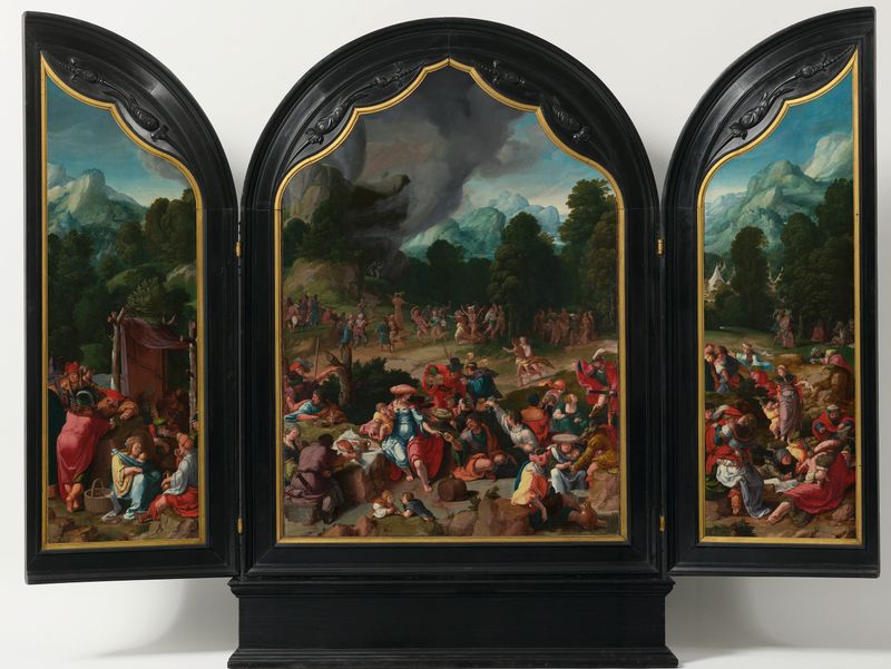 El culto del becerro de oro, óleo sobre panel de Lucas van Leyden, mostrando a los israelitas adorando un becerro de oro.