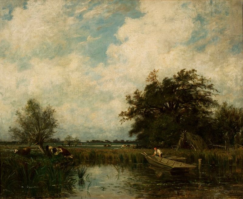 Landscape with a pond by Jules Dupré, oil painting depicting a tranquil pond with reflections.